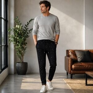 PAIGE Lennox Slim Jogger Pants Dark‎ Charcoal Tonal Floral Print Men's